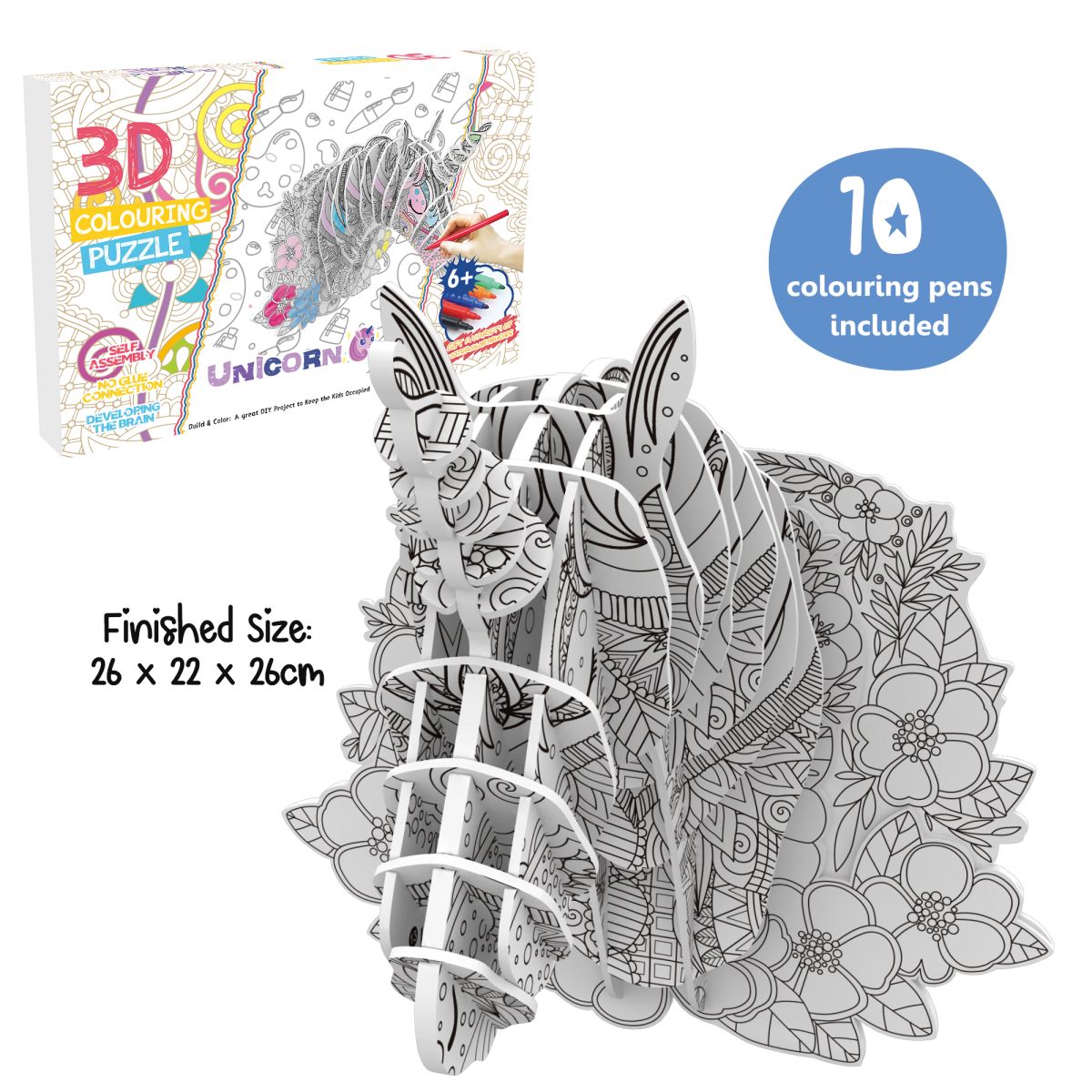 OSDUE 3D Unicorn Coloring Puzzle - DIY Craft Kit For Kids 3-12, Includes Puzzle, Watercolor Pens, Creative Art Gift